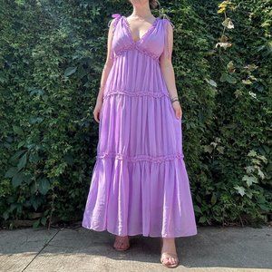 Purple ruffle tiered maxi dress with flowy boho design